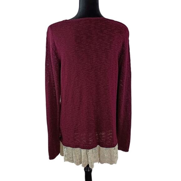 NEW DIRECTIONS Women's Tunic Sweater Large Maroon Acrylic Winter Ruffled Lace - Picture 3 of 5